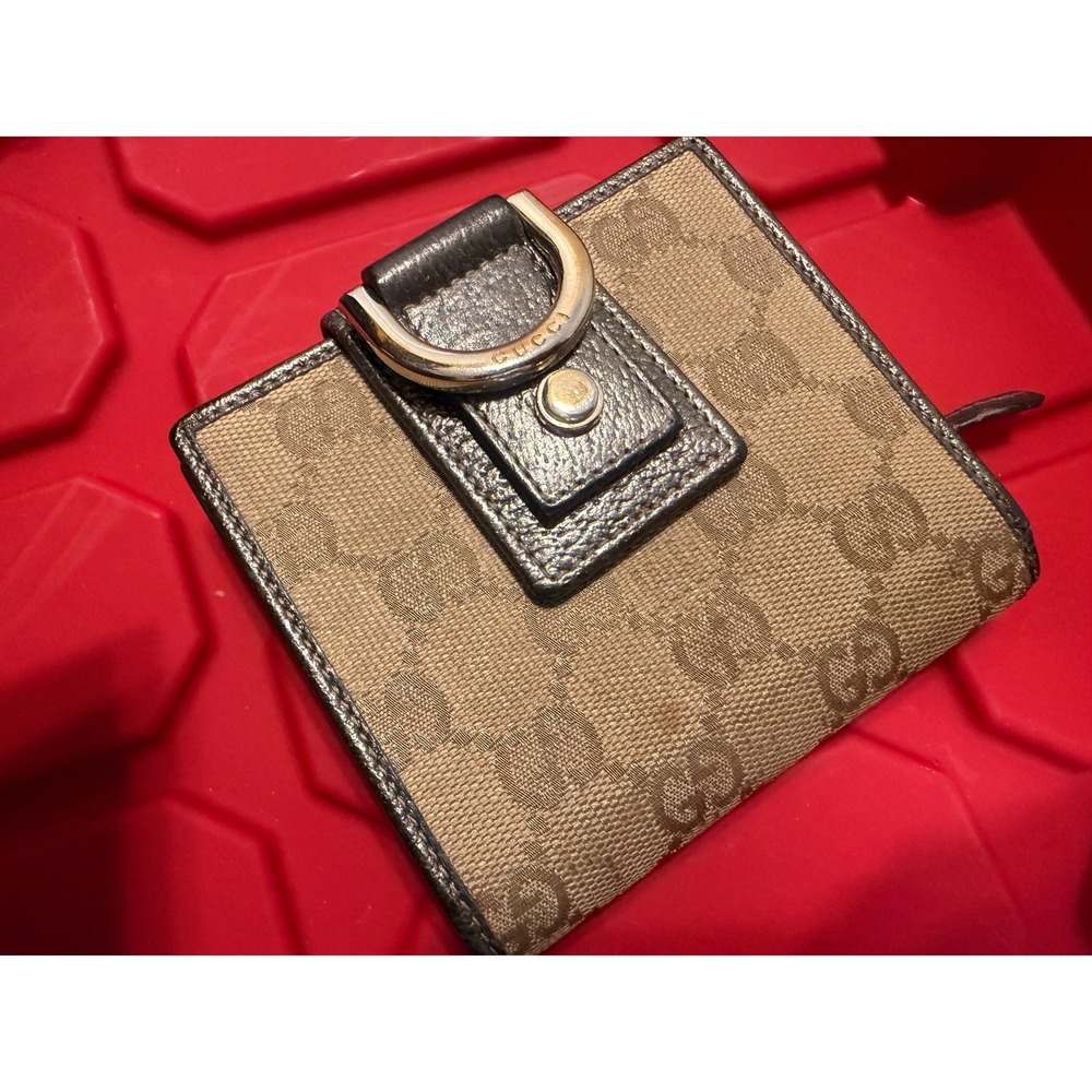 Gucci GG Monogram Canvas Bifold Wallet Metallic Bronze Leather D-Ring Trim